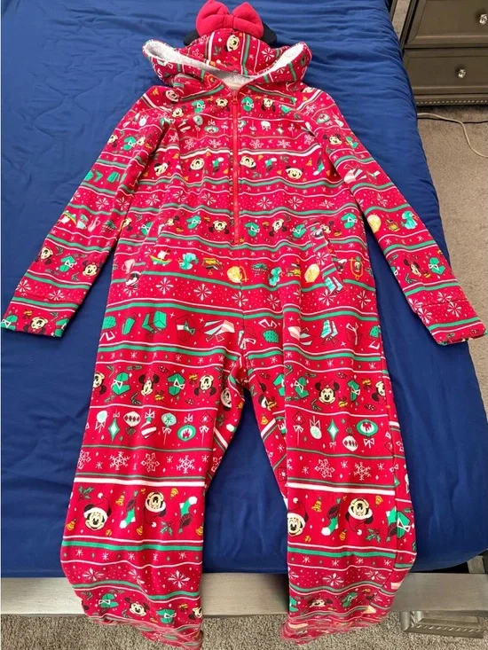 Disney Red Minnie Mouse Holiday One-Piece Pajama Jumpsuit - Picture 2 of 4